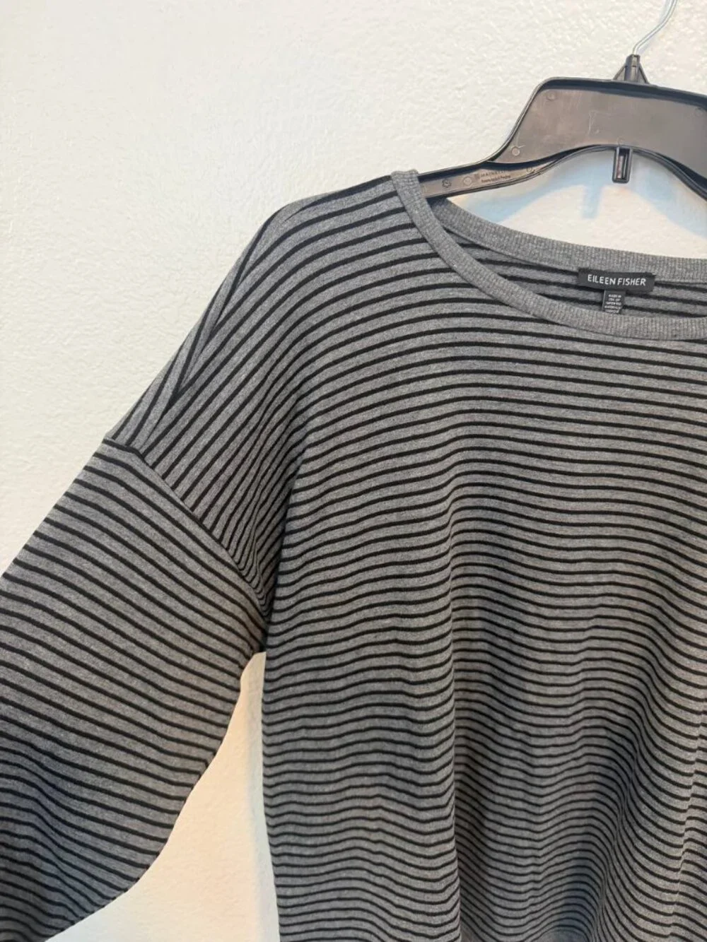 NWT Eileen Fisher Striped Cozy Brushed Terry Box Top Gray Black Size L